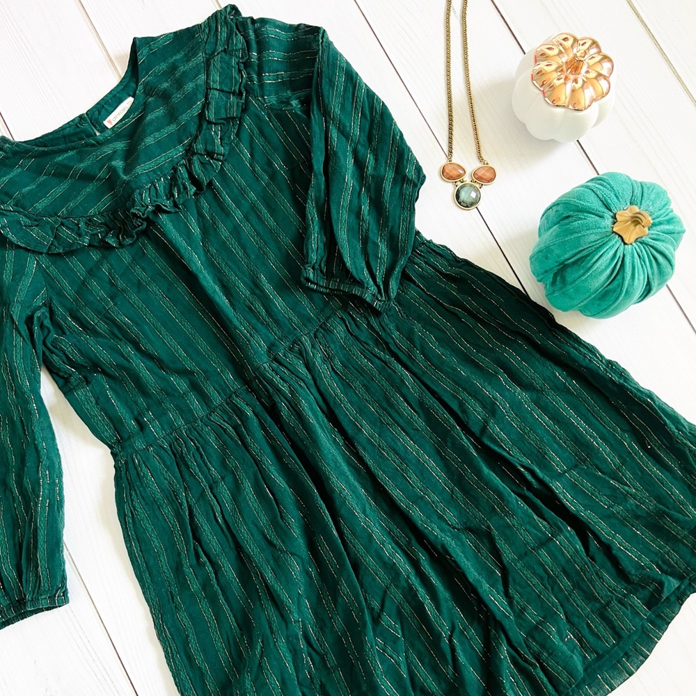 Crewcuts Green With Gold Metallic Stripes Long Sleeves Dress
